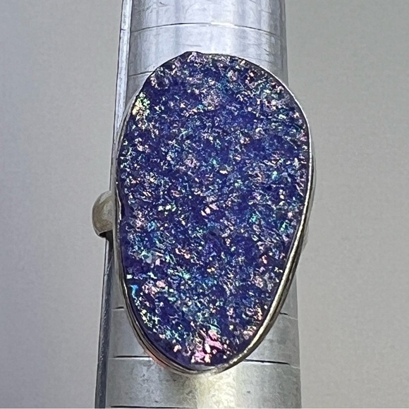 New Blue Titanium Druzy Crystal Stone Silver Overlay Ring Size 10 - Picture 4 of 8